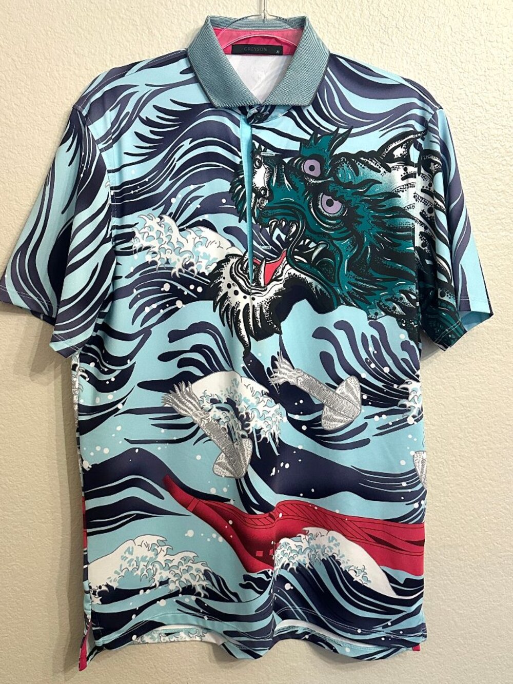 Greyson Mythical Sea Dragon Wave Print Performance Polo